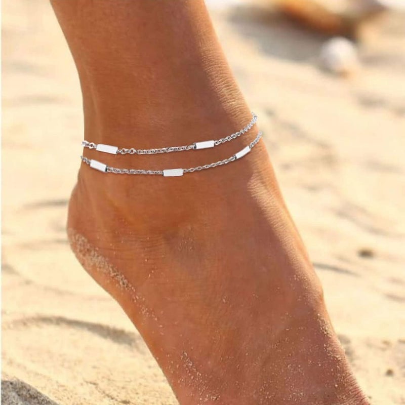 MIDEEO Gold/Silver Ankle Bracelets for Women,14K Gold Anklets for Women Waterproof Cuban Link Heart Beads Herringbone Rhinestone Anklets Set Layered Anklet Bracelets for Women Gold Jewelry Gift - Image 2
